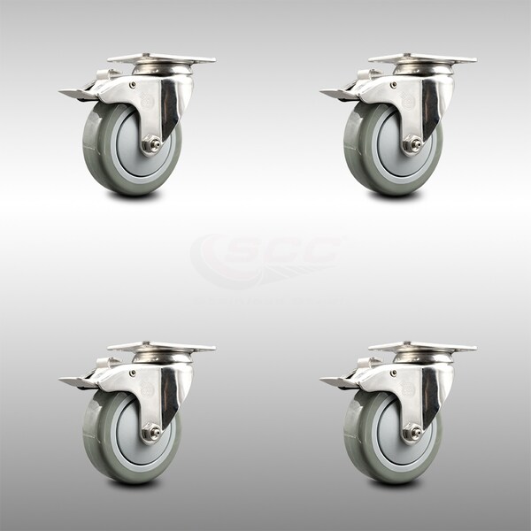 4 Inch 316SS Gray Polyurethane Swivel Top Plate Caster Set Total Lock Brake SCC